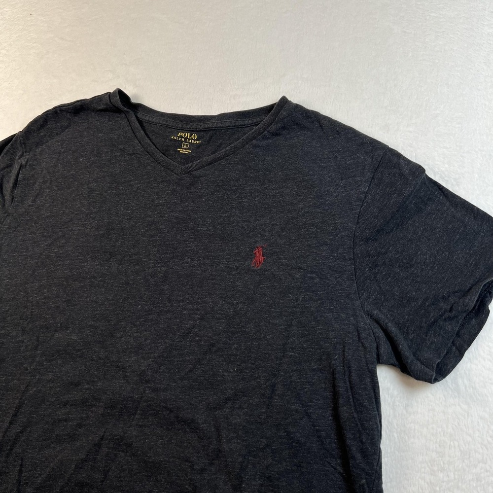 Polo Ralph Lauren Shirt Mens Large Gray Heather V Neck Red Pony Logo Tee Casual